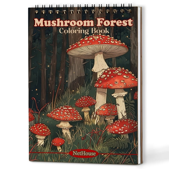 NETHOUSE Mushroom Forest Spiral Coloring Book for Adults Relaxation & Stress Relief, A5 Wooden Cover, 30 Coloring Pages of Whimsical Mushroom Landscapes, Enchanted Forest Scenes, Magical Fungi Design