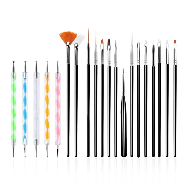 FULINJOY Juego de 20 herramientas de diseño de uñas, 15 pinceles para pintar (negro) con 5 bolígrafos de puntos