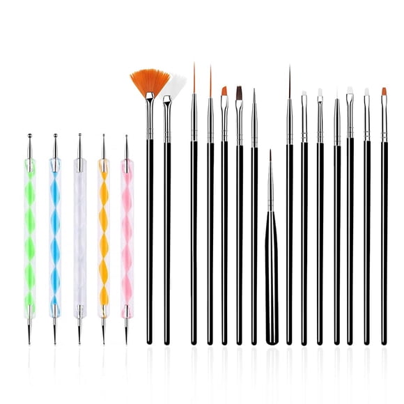 FULINJOY Juego de 20 herramientas de diseño de uñas, 15 pinceles para pintar (negro) con 5 bolígrafos de puntos