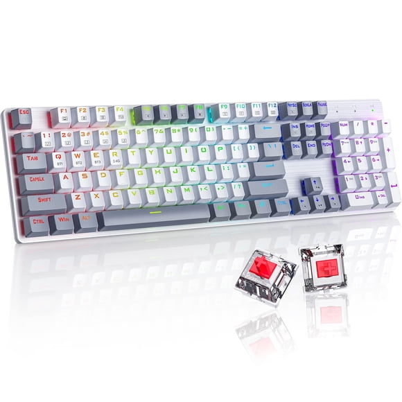 Teclado mecánico inalámbrico Modo triple 2.4G/USB-C/Bluetooth Teclado para juegos 104 teclas Programable Personalizar Interruptor rojo retroiluminado RGB Teclas PBT bicolor Teclado con cable recargabl