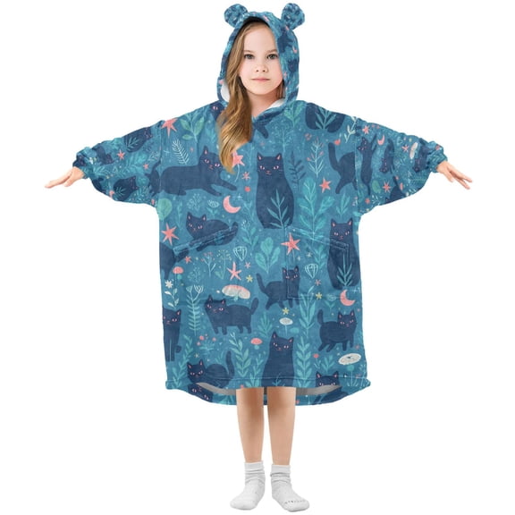 FORMRS Wearable Blanket Hoodie with Sleeves for Kids Cozy Flannel Sweatshirt, Blue Forest Cat Pattern