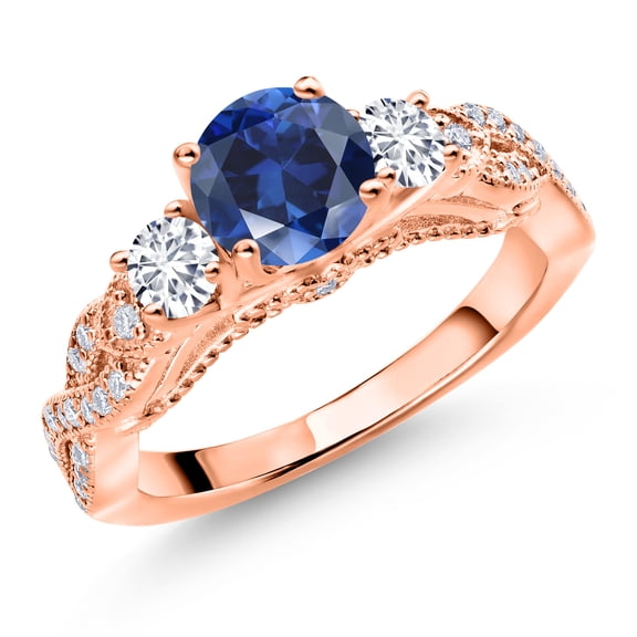 Gem Stone King 18K Rose Gold Plated Silver Blue Created Sapphire White Lab Grown Diamond and White Moissanite Engagement Ring for Women (1.47 Ct, Gemstone September Birthstone, Round 6MM, Size 5)