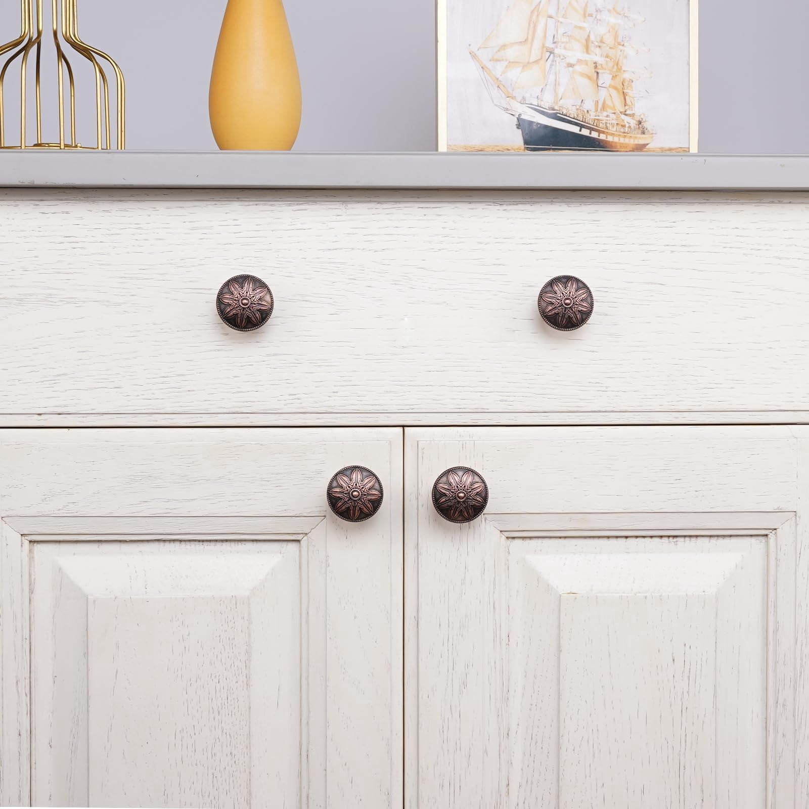 4 Pack Antique Brass Cabinet Knobs Vintage Dresser Knobs Drawer Knobs,1.4" Round Vintage Kitchen Cabinet Knobs Handles for Cabinets and Dresser Drawers Rustic