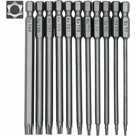 Juego de 11 puntas Torx largas para destornilladores y atornilladores eléctricos - Puntas magnéticas - Vástago hexagonal de 1/4" - Tamaños T6 a T40 - Longitud 100 mm