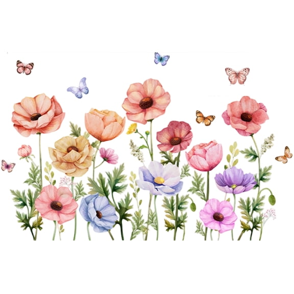 Spring Large Poppy Flower Wall Decals Stickers, Summer Watercolor Floral Living Room Decorations Bedroom Art, Seasonal Garden Home Kitchen Decor