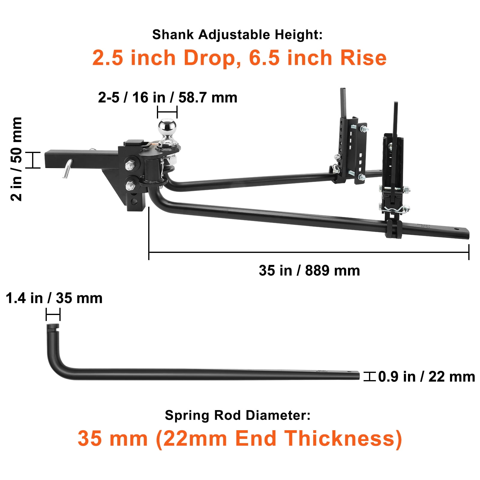 VEVOR Weight Distribution Hitch, 1,500 lbs Weight Distributing Hitches Kit with Sway Control for Trailer, 2-In Solid Steel Shank, 2-5/16 in Alloy Steel Ball, Powder Coated Load Leveling Hitch, Black