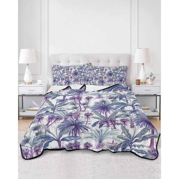 Quilts Queen Size, Teal Purple Palm Trees Soft Comforter Bedding Set for Bed, Summer Botanical Tropical Leaves Lightweight Quilted Bedspread with Pillow Cover(2 Pieces) for All Season, 90x96 Inch