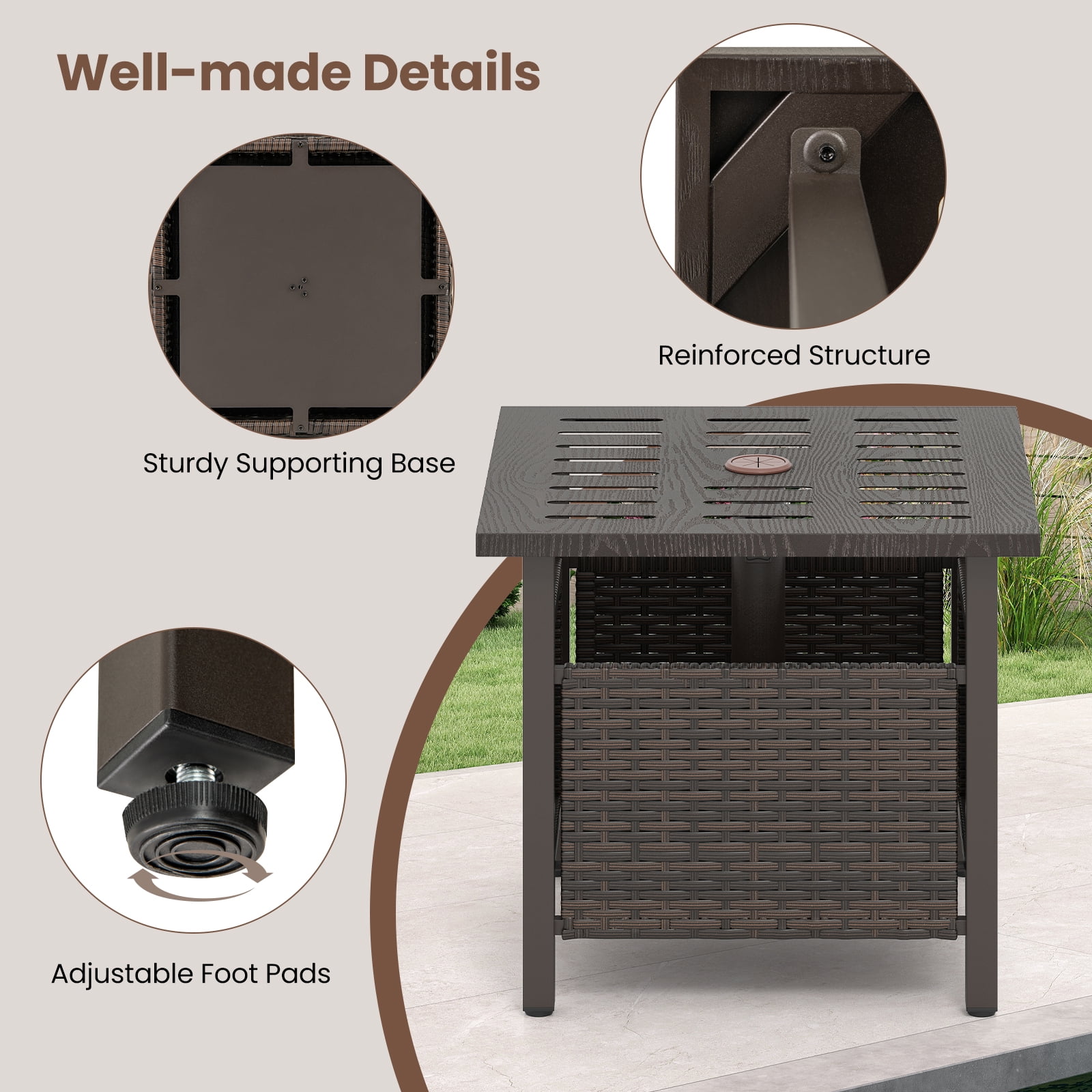 Topbuy Outdoor Side Table with 1.93" Umbrella Hole All-Weather PE Wicker Patio Umbrella Table with Rustproof Frame