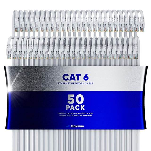 Cable Ethernet Maximm Cat 6 De 3 Pies (Paquete De 50) - Cable Lan De Alta Velocidad Cable De Conexión A Internet Y Cable De Red - Cable Ethernet Utp De 10 Gbps 550 Mhz - Blanco