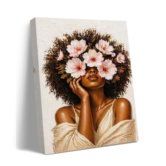 Black Woman Canvas Wall Art, Flower Hair Portrait, Inspirational Afrocentric Modern Home Décor Painting