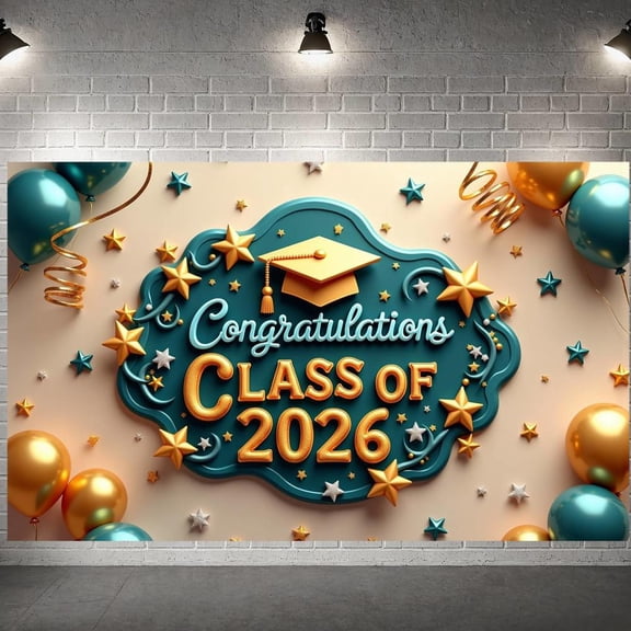Gold Grad Cap Graduation Banner Star Decorated Class of 2026 Display Teal Blue Gold Accents Graduation Backdrop for Graduation Ceremony Class of 2026 Party Graduation Photo Shoot