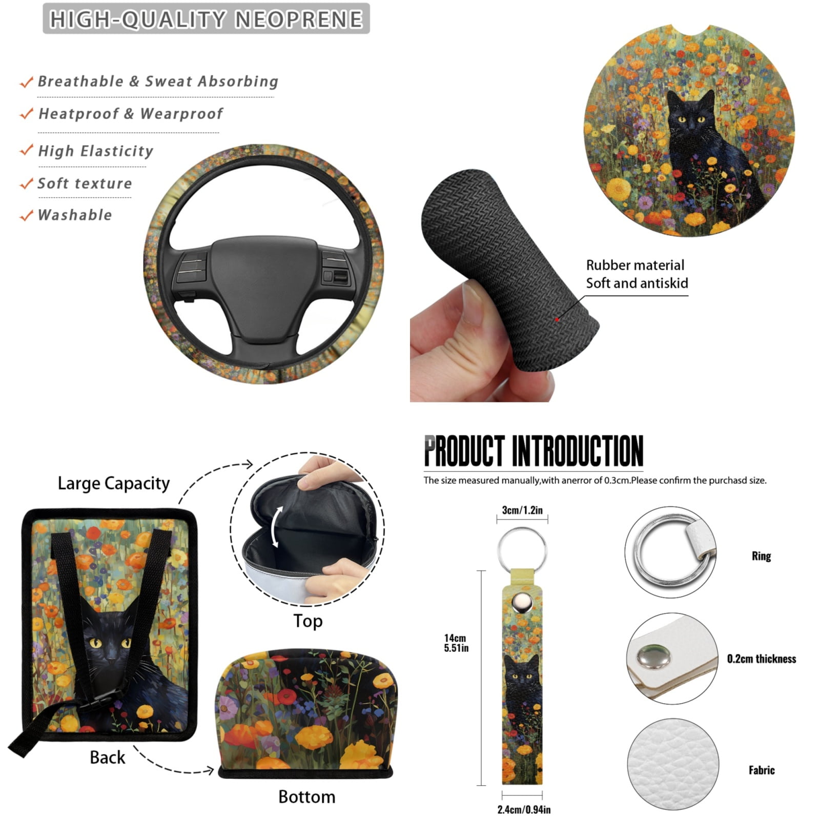 Jeiento Black Cat Car Accessories Sets 13 PCS Car Seat Protector Steering Wheel Cover Floral Seatbelt Shoulder Pad Auto Rear View Mirror Covers Coasters Keychain Lipstick Holder Interior Car Decor