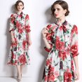 thumbnail image 1 of Dropshipping Nouvelle Robe Midi Décontractée d'Été et d'Automne avec Imprimé de Fruits, Nœud Papillon, Foulard à Col, Manches 3/4, Taille Empire, pour Femmes, Fête, Plage, 1 of 7