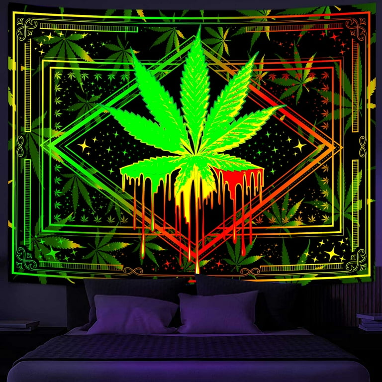 Blacklight Trippy Weed Tapestry UV Reactive Psychedelic Marijuana Hemp Leaf Stoner Aesthetic Tapestry for Men Neon Cannabis Leaf Hippie Tapestry Wall Art Poster for Dorm Home Decor 60X40IN Walmart