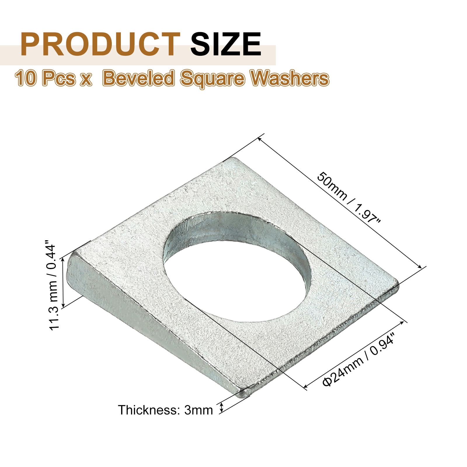 10pcs Beveled Square Washers, M24x50mm Square Beveled Washers Bearing Strut Plate Flat Pad Spacer Carbon Steel for 24mm Bolts Wedge Shim Leveling Fastener Nut Bolt Gasket, Silver