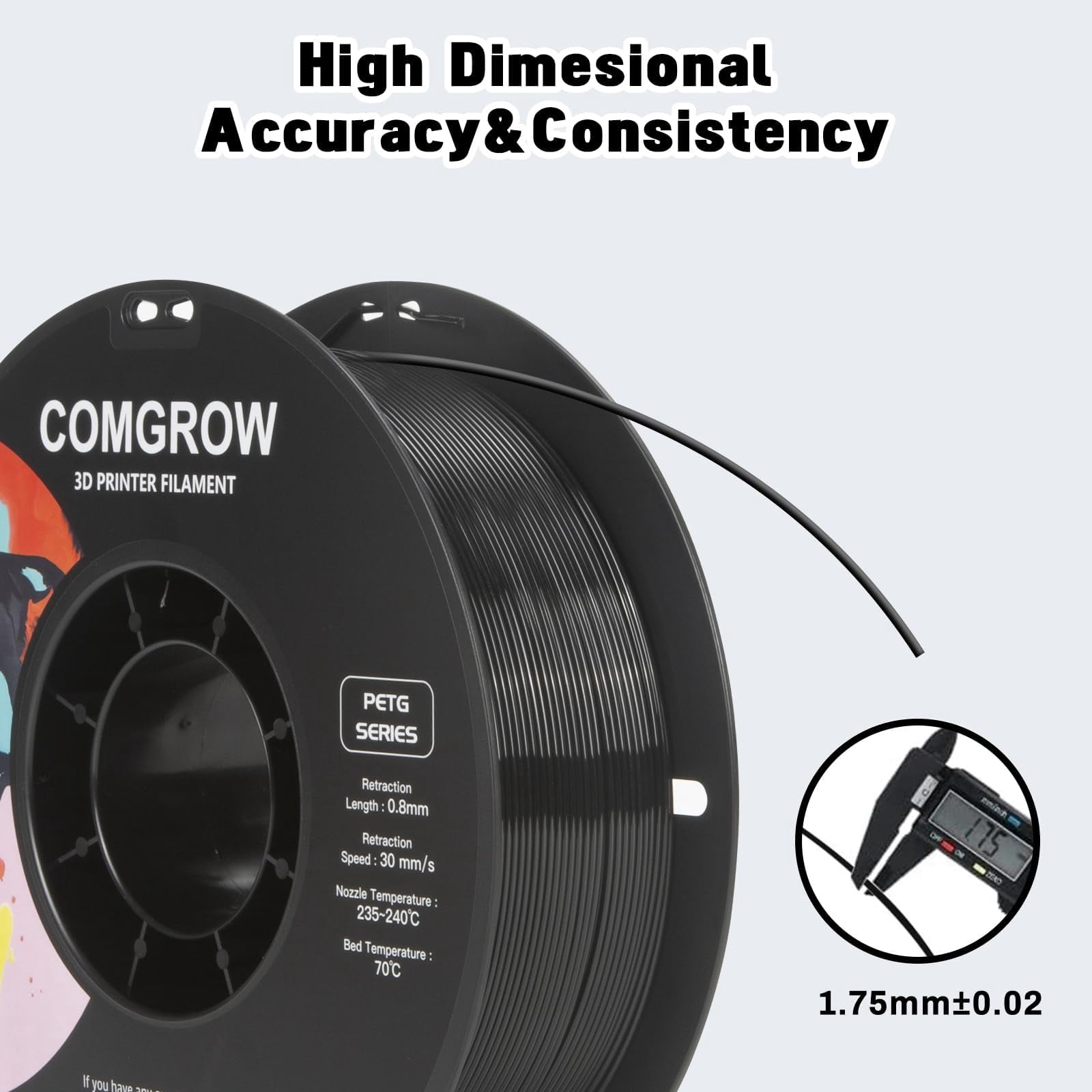 Comgrow PETG 3D Printer Filament 1.75mm, 6 Pack 1kg Spools, High Precision Tough Filament,No Clogging or Bubbles, Compatible with Most FDM 3D Printers(Black/White/Cherry Red/Pine Green/Purple/Brown)