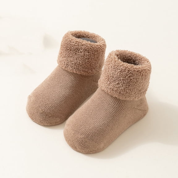 DAETIROS Kids Terry Bootie Socks 100% Cotton - Non-Slip Stay-On Grips for Unisex Kids Newborn, Soft Cuffs for 0-6 6-12 Months, Khaki (1 Pair),Size 1-2T