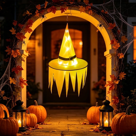 LED Light Up Jagged Witch Hat with Glowing Ghost Effect, Battery-Powered Halloween Yard Decor, Illuminated Party Prop for Walkway, Lawn and Spooky Outdoor Patio Decoration, B