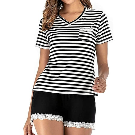 

ZXZY Women Stripe V Neck Short Sleeve Pocket Tee Lace Hem Shorts Pajama Set