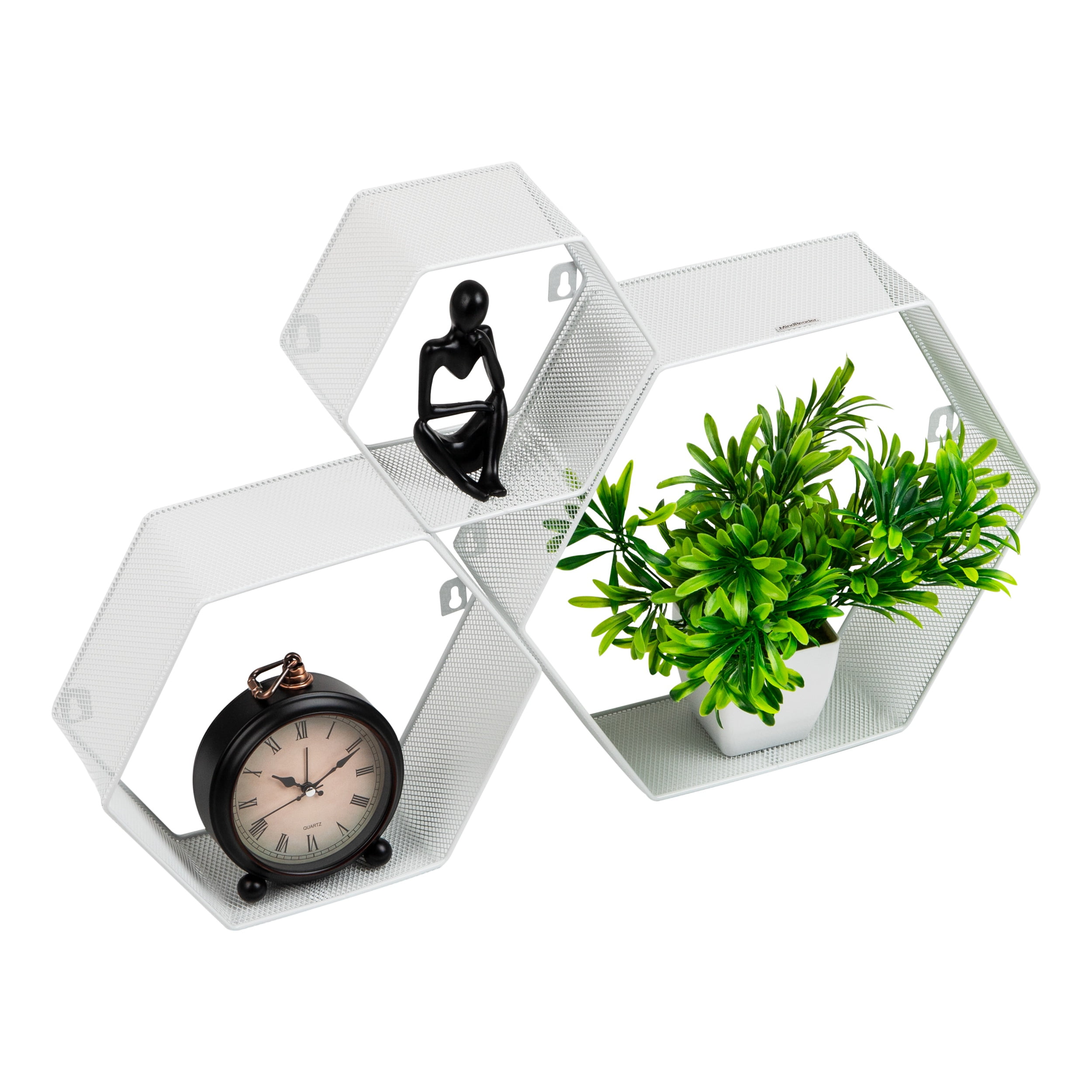 Mind Reader Hexagon Floating Shelves, Wall Decor, Honeycomb Accent Shelf, Office, Metal Mesh, 14"L x 4"W x 12"H, Set of 3, White