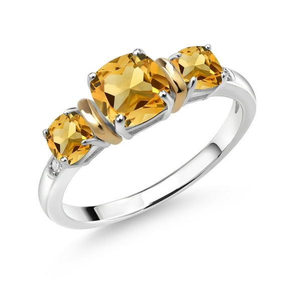 Gem Stone King 1.55 Ct Cushion Yellow Citrine 925 Silver and 10K Yellow Gold Diamond 3-Stone Ring (Size 5)