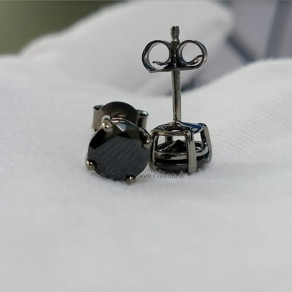 Black Diamond Solitaire Stud Earrings, Round Cut Diamond 925 Sterling Silver Jewelry Gift for Women