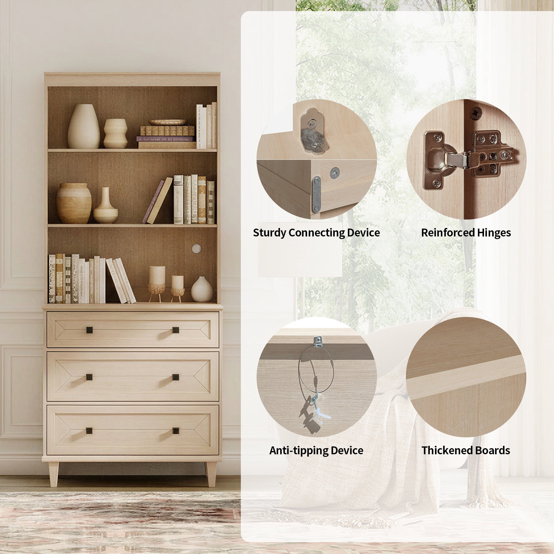 WAMPAT Handmade Patchwork 31.5" Wide Tall Bookshelf with Drawers, Beige