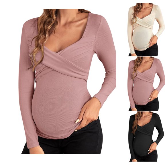 Bixock Maternity Tops Long Sleeve Pregnant Tops V Neck Maternity Nursing Tops for Breastfeeding Soft Breathable Maternity Shirts Comfortable Maternity Clothings