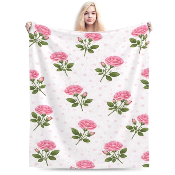 Pink Rose Floral Throw Blanket, Soft Flannel Fleece Decorative Blanket with Botanical Flower Pattern, Cozy Lightweight Blanket for Sofa Couch Bed 50x40