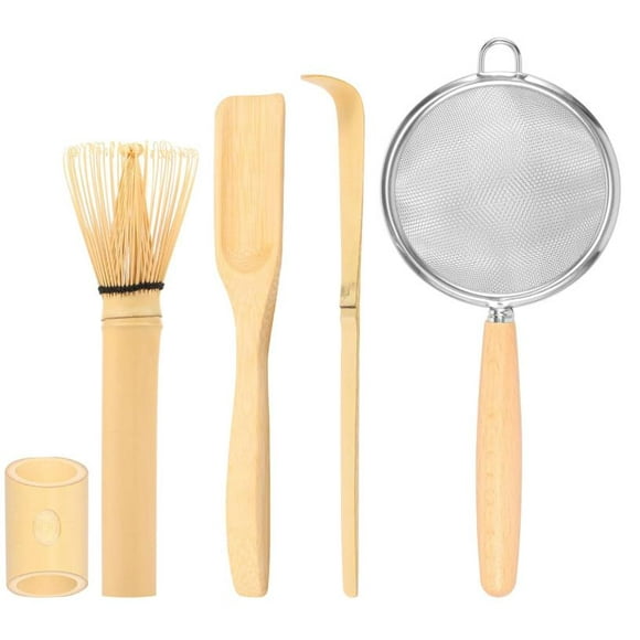 5 Pcs Matcha Whisk Set, Bamboo Whisk Holder, Scoop, Spoon, Stainless Steel Sifter for Women Men Home Kitchen Decor Gifts for Tea Enthusiasts Lovers