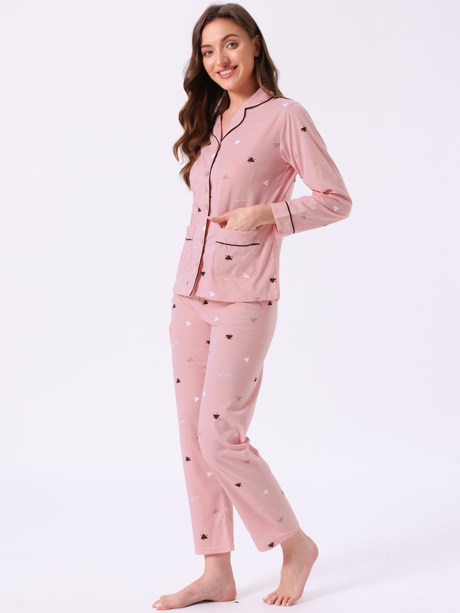DARING DIVA Lounge Set Cotton Button Up Cute Print Pajama Set L Triangle