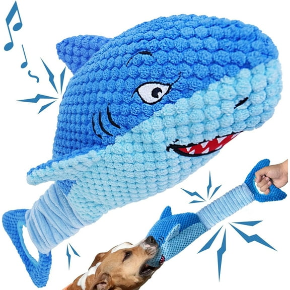 Dog Toys for Large Dogs, Squeaky Dog Toys for Aggressive Chewers, Plush Dog Chew Toys for Teething, Interactive Shark Dog Toys to Keep Them Busy Tug Of War Puppy Toys,Crinkle Blue Shark