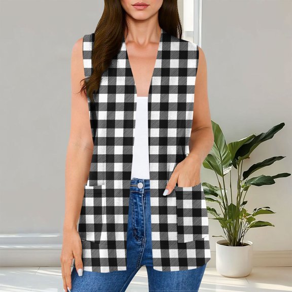 Vmvidoty Womens Plaid Sleeveless Cardigan Lightweight Open Front Casual Loose Fit Vest with Pockets 2026 Black S