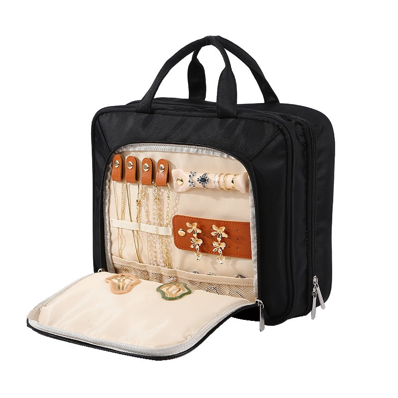 Travel Hanging Toiletry Bag for Women, with Jewelry Organizer Compartment,   Cosmetic Essentials, Toiletries Dopp Kit Set with Trolley Belt, Black（31.7*11.4*25.4cm)