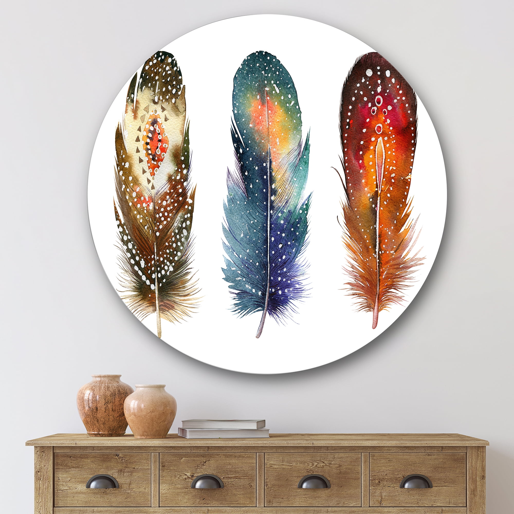 Designart 'Colourful Boho Art Feather Set IX' Bohemian & Eclectic Circle Metal Wall Art 29x29 - Disc of 29
