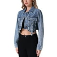 thumbnail image 4 of INSPIRE CHIC Women's Crop Denim Long Sleeve Cargo Pockets Washed Jean Jackets XL Gray Blue, 4 of 5