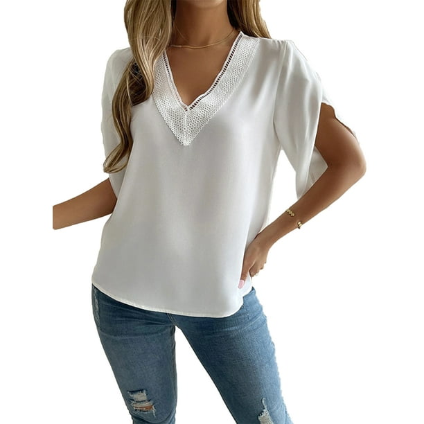 MAWCLOS Ladies Tunic Blouse V Neck Chiffon Tops Solid Color Shirt Elegant  Holiday Half Sleeve Tee White L