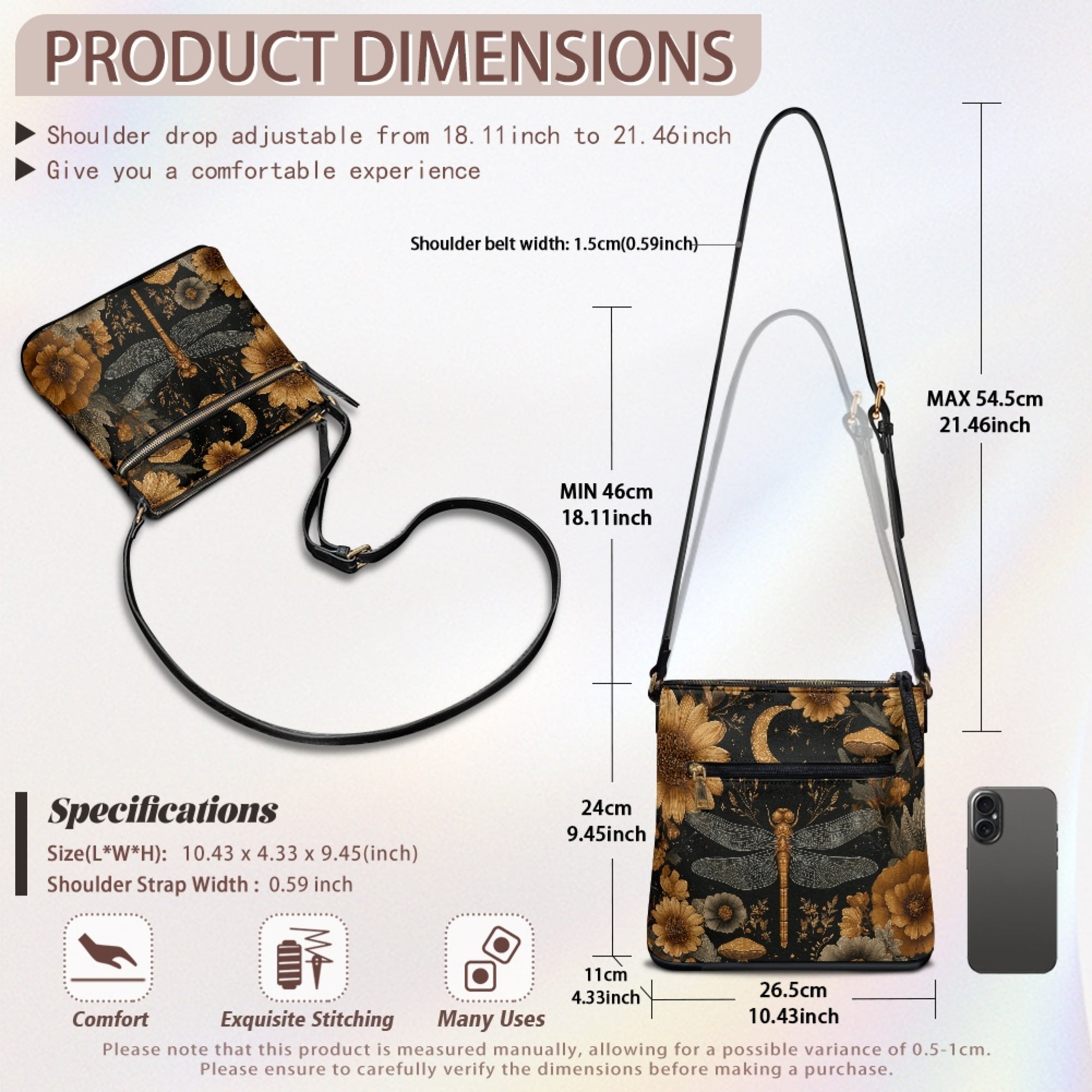 Kuiaobaty Dragonfly Sunflower Moon Print Crossbody Bag for Women, Vintage Vegan Leather Messenger Purse Crossbody with Adjustable Strap, Lightweight Sturdy Hobo Handbag for Travel & Work