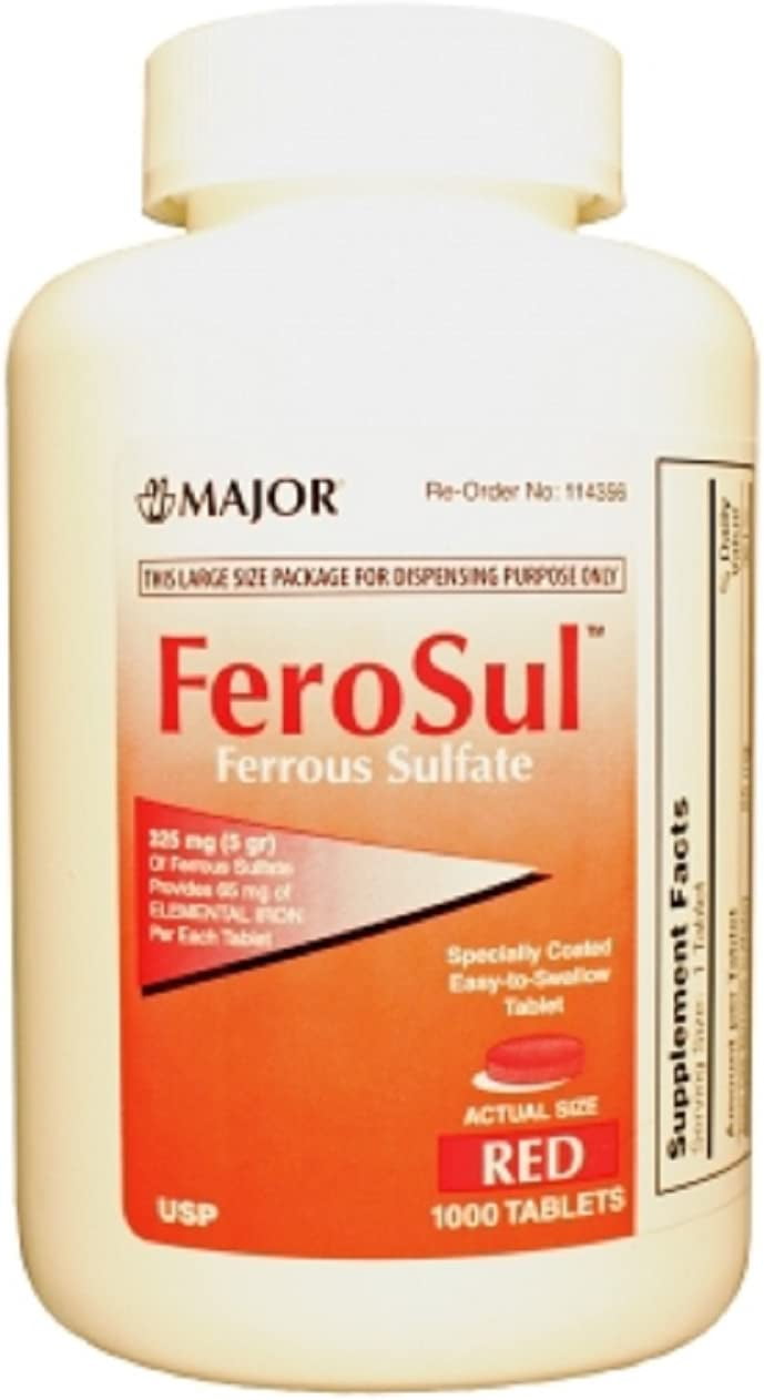 Major FeroSul Ferrous Sulfate 325mg Botlle of 1000 Red Tablets (Pack of 3)