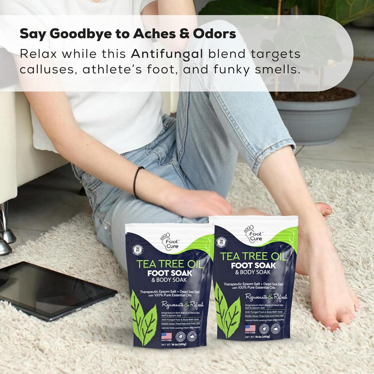 Foot Cure Tea Tree Oil Foot Soak with Epsom Salt for Toenail Fungus, Athlete's Foot, Callus Softening, Foot Odor Scent - 2Pack