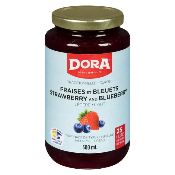 DORA TARTINADE DE FRAISES et BLEUETS TRADITIONNELLE LÉGÈRES AVEC PECTINE FRAISES-BLEUETS LÉGÈRE 500ML