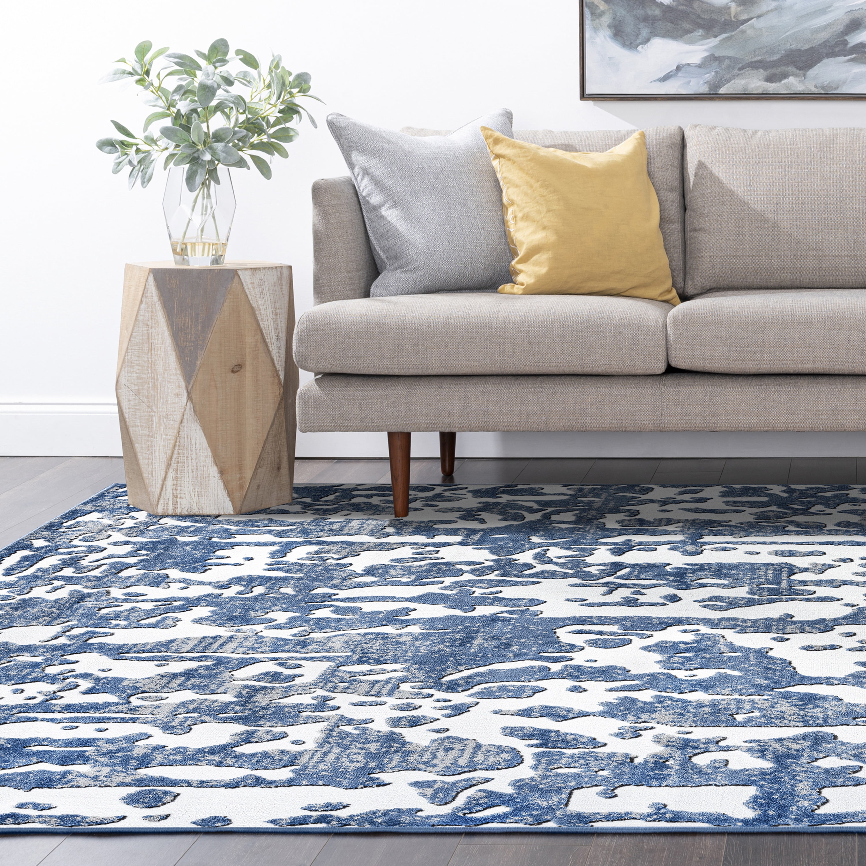 Contemporary 8x10 Area Rug (7'11'' x 10'3'') Abstract Blue, White Living Room Easy to Clean