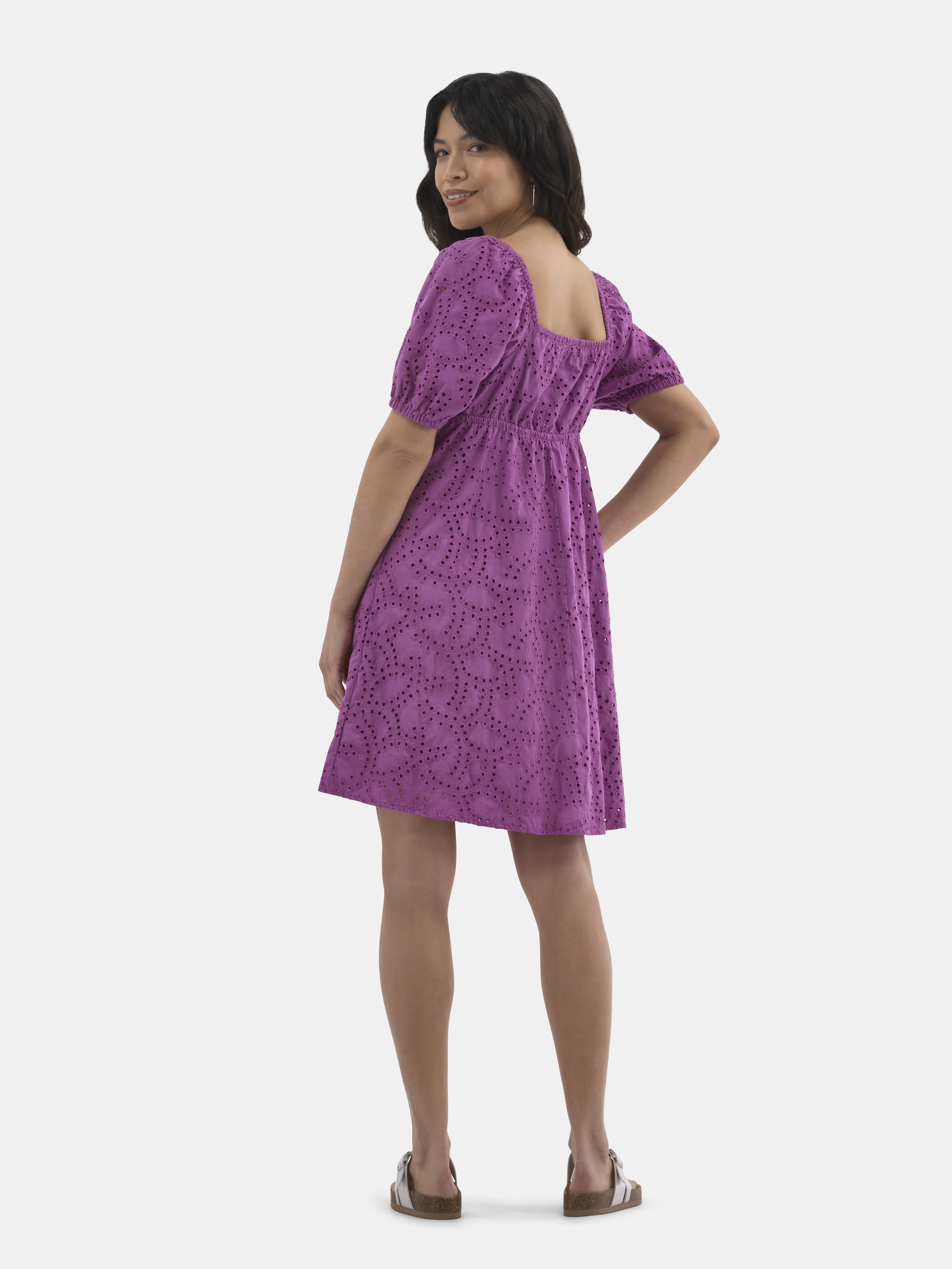 Time and Tru Women's Eyelet Dress with Puff Sleeves, Sizes XS-XXXL