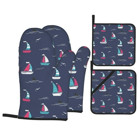 

Oven Mitts and Pot Holders Sets 4 pcs cartoon boat shark fins blue Non-Slip Oven Gloves Potholders Soft Quilted Lining Heat Resistant Gloves Hot Pads for Kitchen Baking Cooking