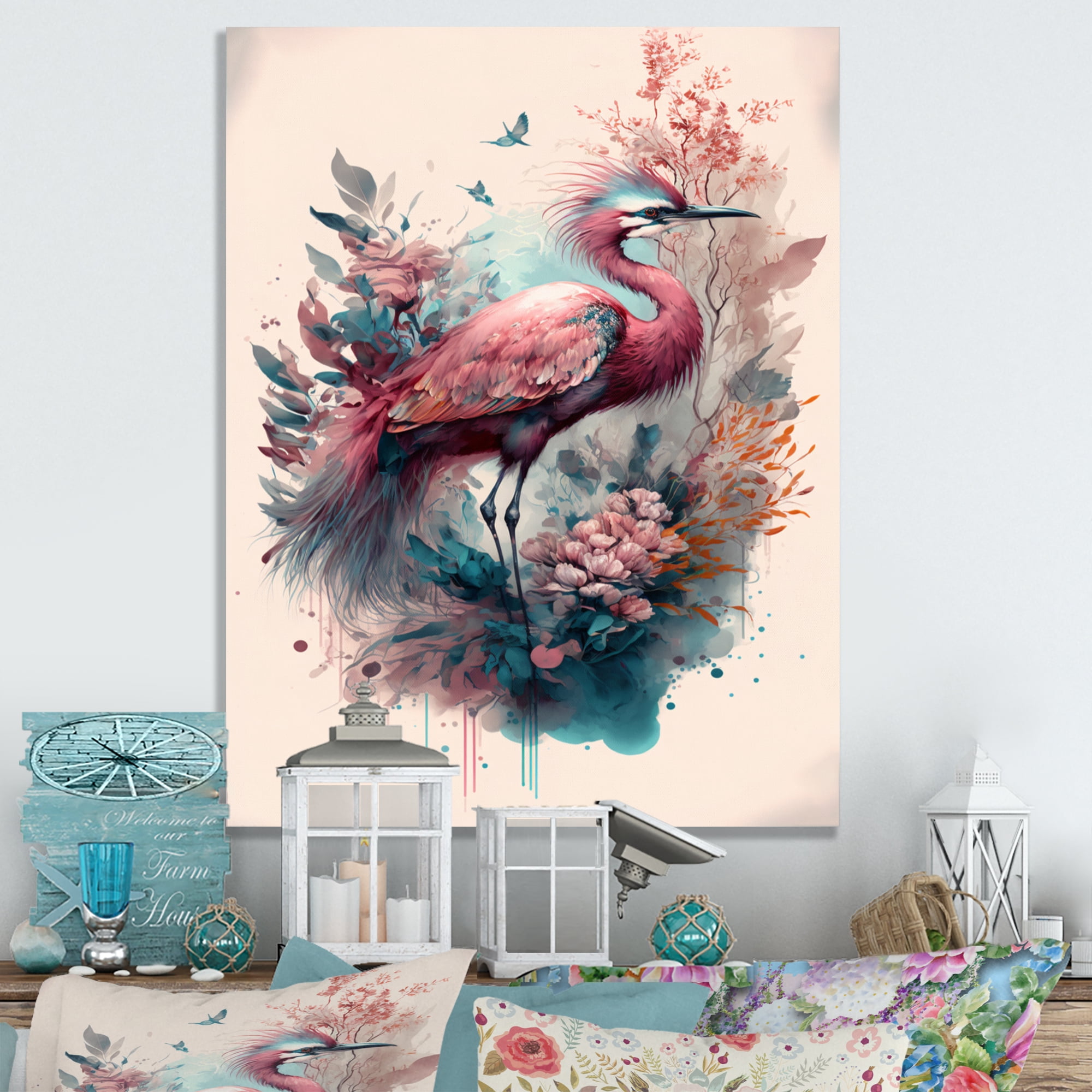Designart Cute Heron Floral Art VII Canvas Wall Art