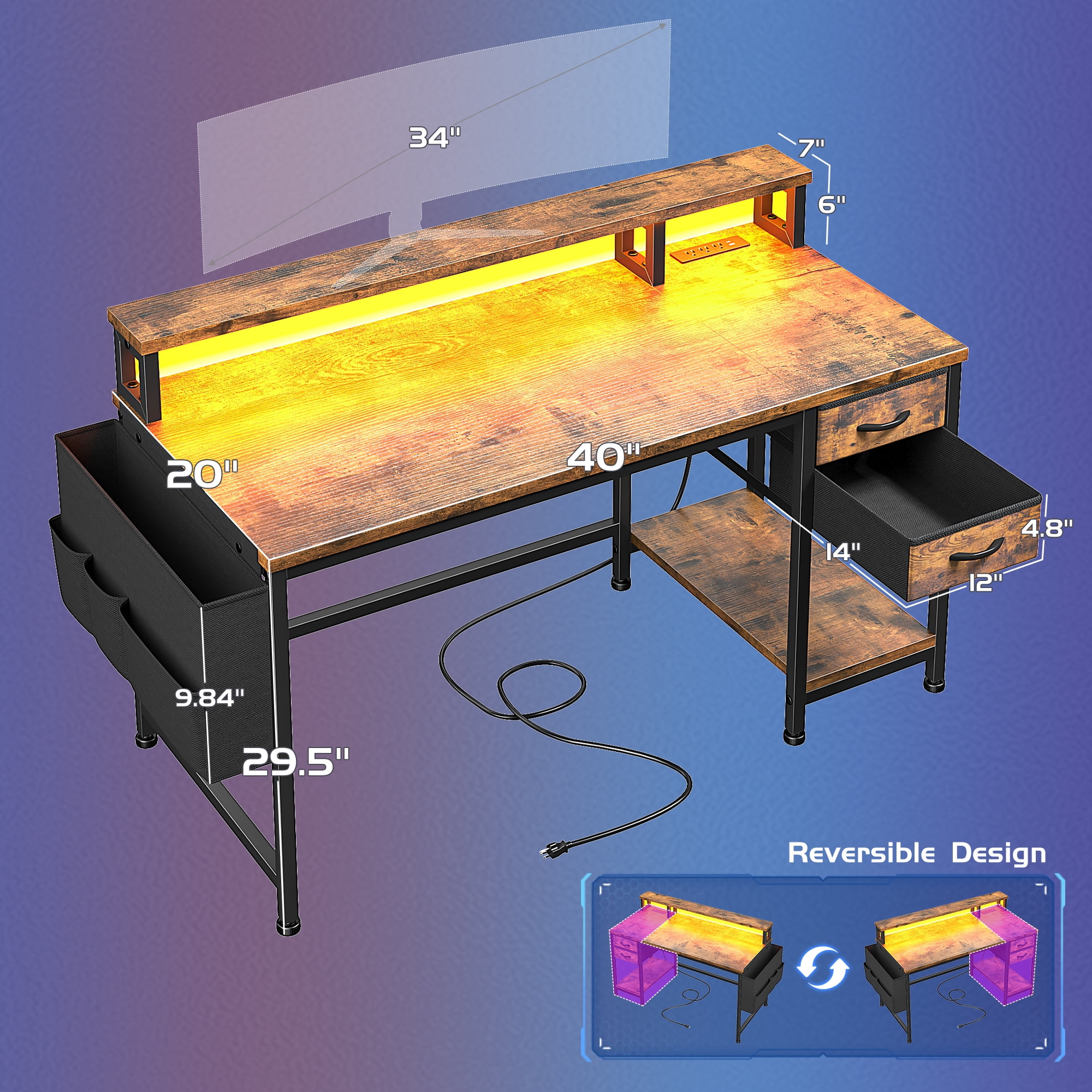 EnHomee 40" Desk with Power Outlets and LED Lights, Computer Desk with Drawers & Storage, Gaming Desk with Monitor Stand, Rustic Brown