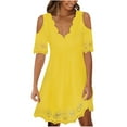 thumbnail image 2 of Wycnly Womens Dresses Party Prom Sexy Lace Patchwork Cold Shoulder Swing Tunic Short Dresses Summer Solid V-Neck Short Sleeve Formal Mini Dress Yellow XL, 2 of 7