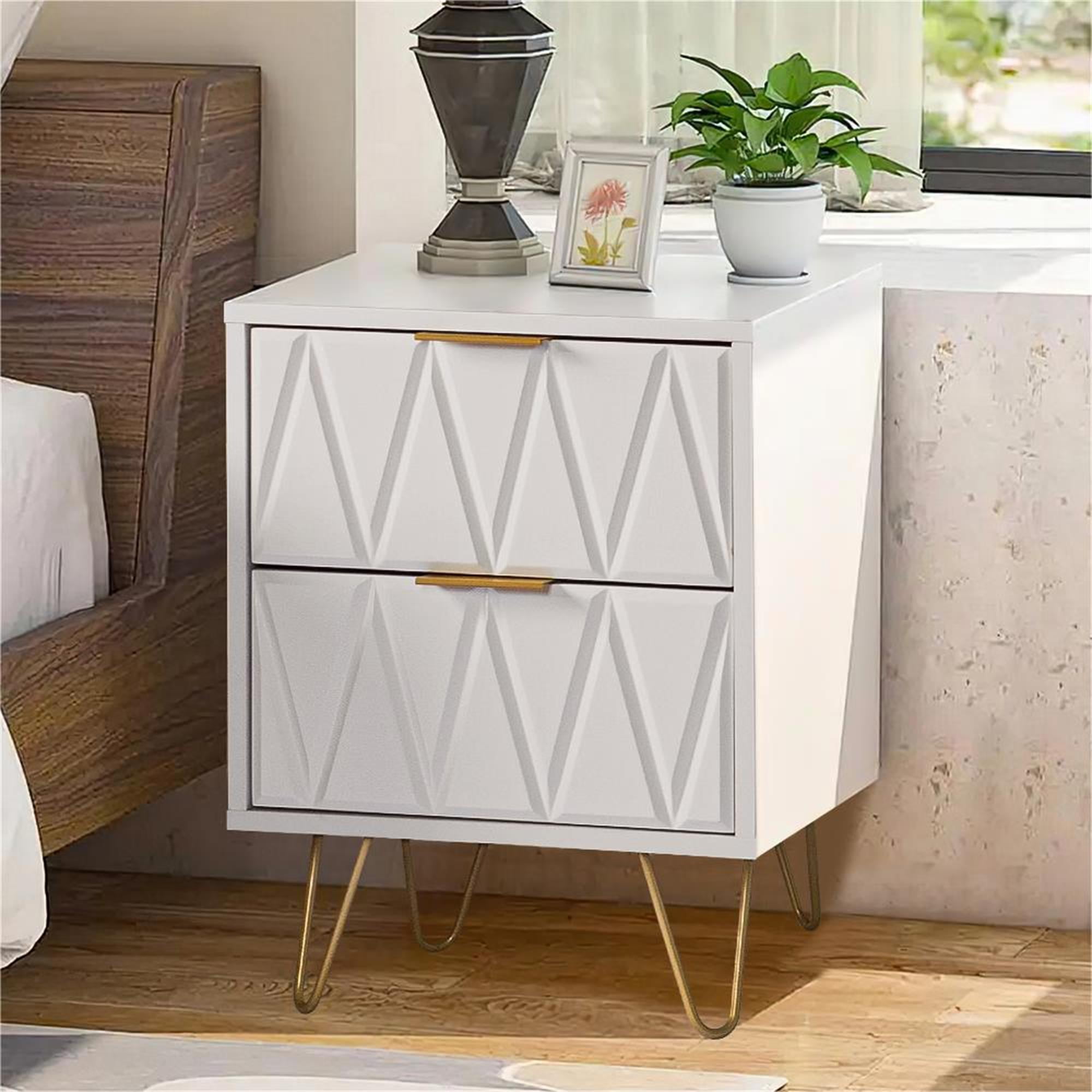 Yardi Yard White 2 Drawer Nightstand Set of 2 for Bedroom, Accent Rectangle Bedside Table with Golden Metal Legs Yardi Yard White 2 Drawer Nightstand Set of 2 for Bedroom, Accent Rectangle Bedside Table with Golden Metal Legs