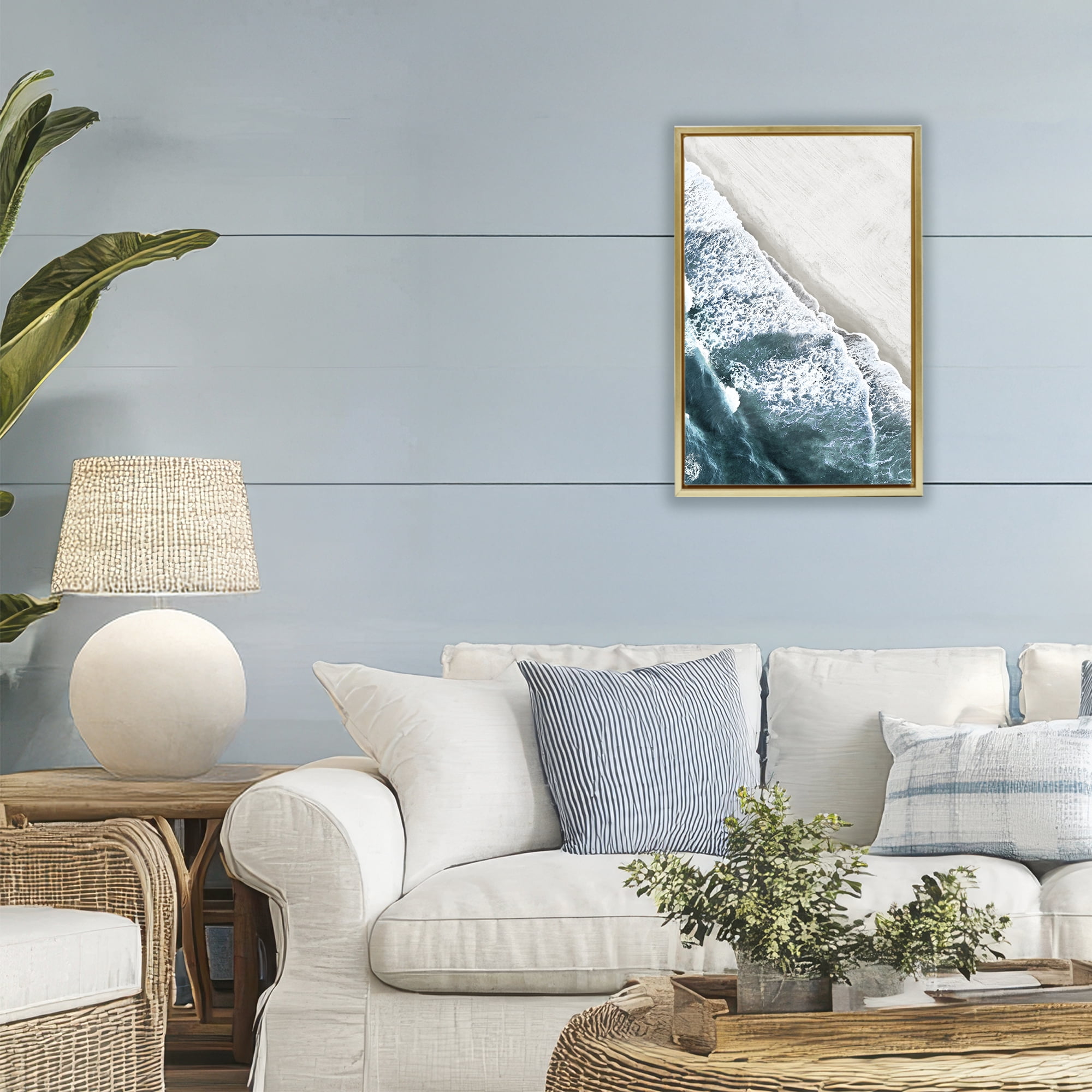 Stupell Industries Corolla Beach Breezy Shoreline Gold Framed Floater Canvas Wall Art, design by Natalie Carpentieri