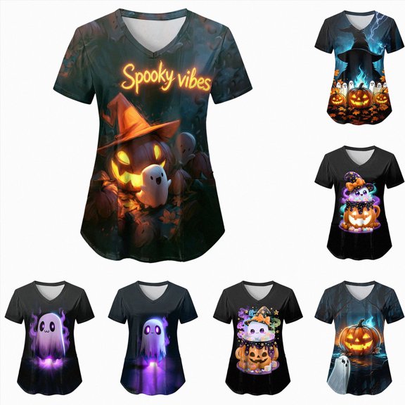 Leey-World Halloween Tshirts Women Cute Scrub Tops Stretchy Short Sleeve V Neck Cartoon Print Pattern Nursing Working Uniform Caregiver Top(Hot Pink,M)